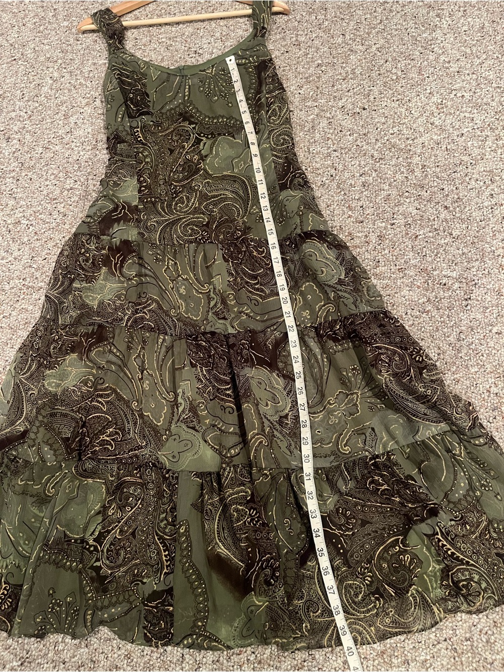Vintage 90s Y2K Olive Green Paisley Tiered Maxi Dress - Picture 10 of 11